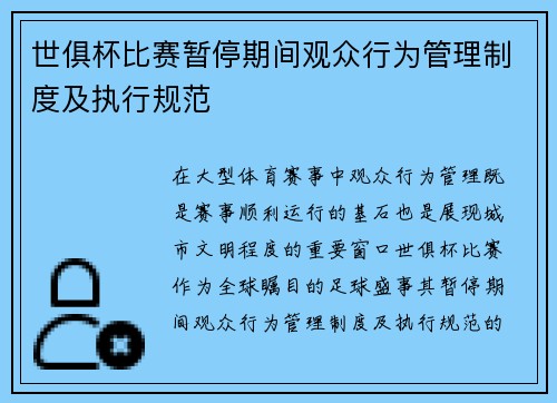 世俱杯比赛暂停期间观众行为管理制度及执行规范